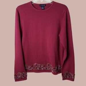 Ann Taylor Womens Embroidered Floral Knit Sweater fuschia Large